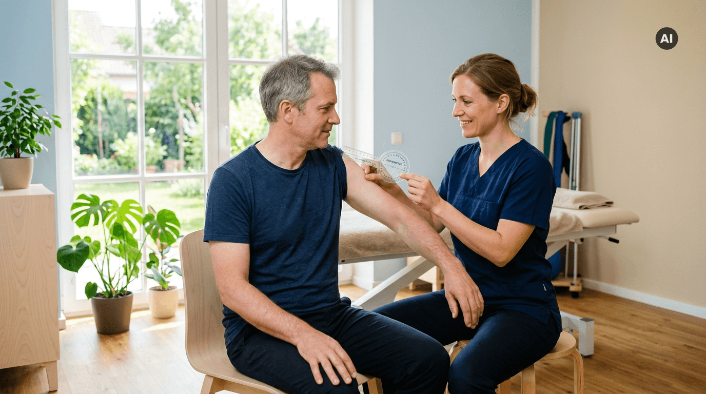 Eine Physiotherapeutin misst in einem hellen Behandlungsraum die Schulterbeweglichkeit eines sitzenden Patienten und erklärt ihm dabei den Befund