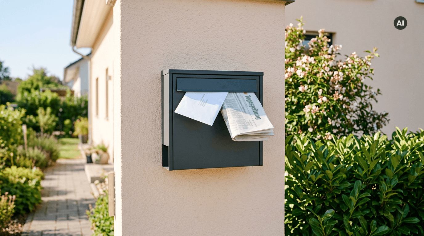 Briefkasten an der hellen Putzwand eines Wohnhauses im Morgenlicht, aus dem Einwurfschlitz ragen ein Einschreiben und eine zusammengefaltete Zeitung